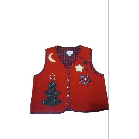 Vintage Embroidered Sweater Womens Size M Vest Christmas Plaid Button Up Fleece - Picture 4 of 11